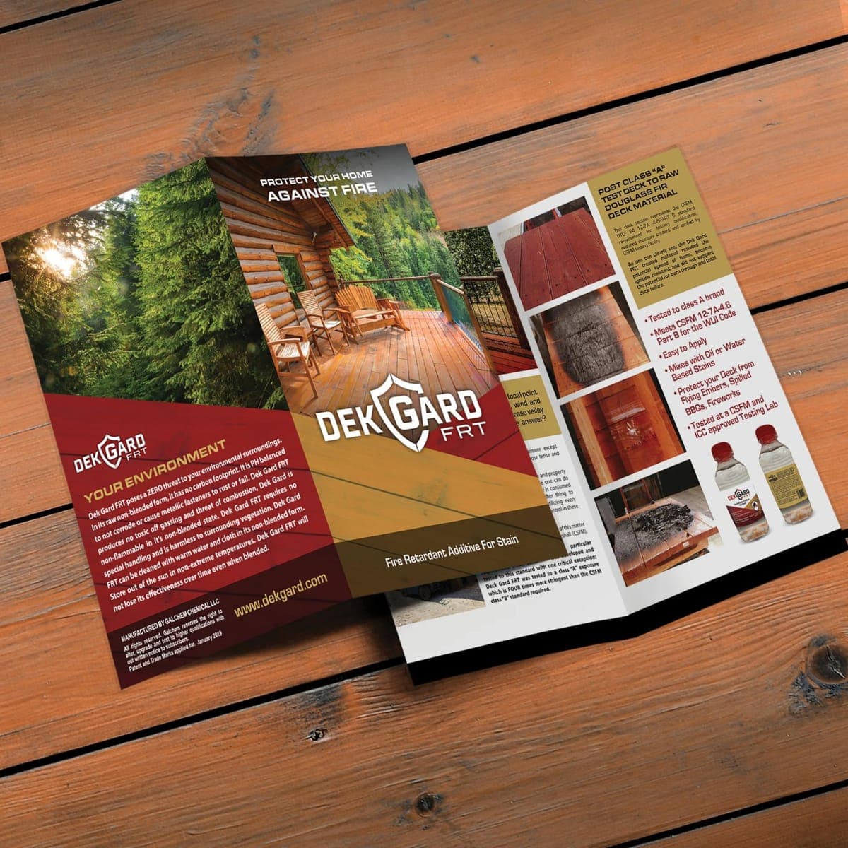 A DekGard FRT sell sheet we designed, open on a stained deck