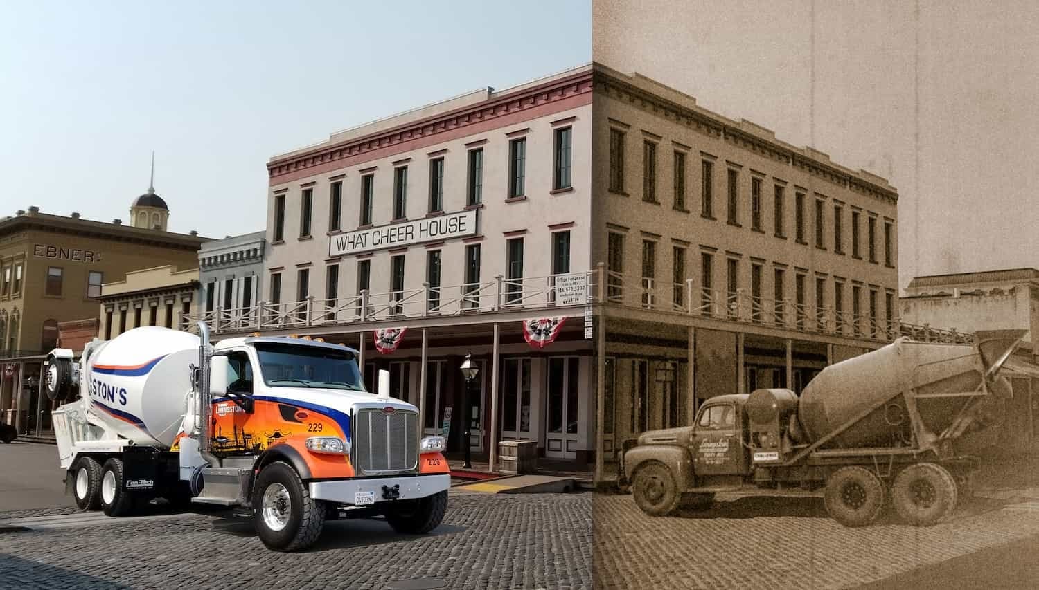Livingston’s Concrete mixer trucks, modern and vintage, in front of historic brick storefronts