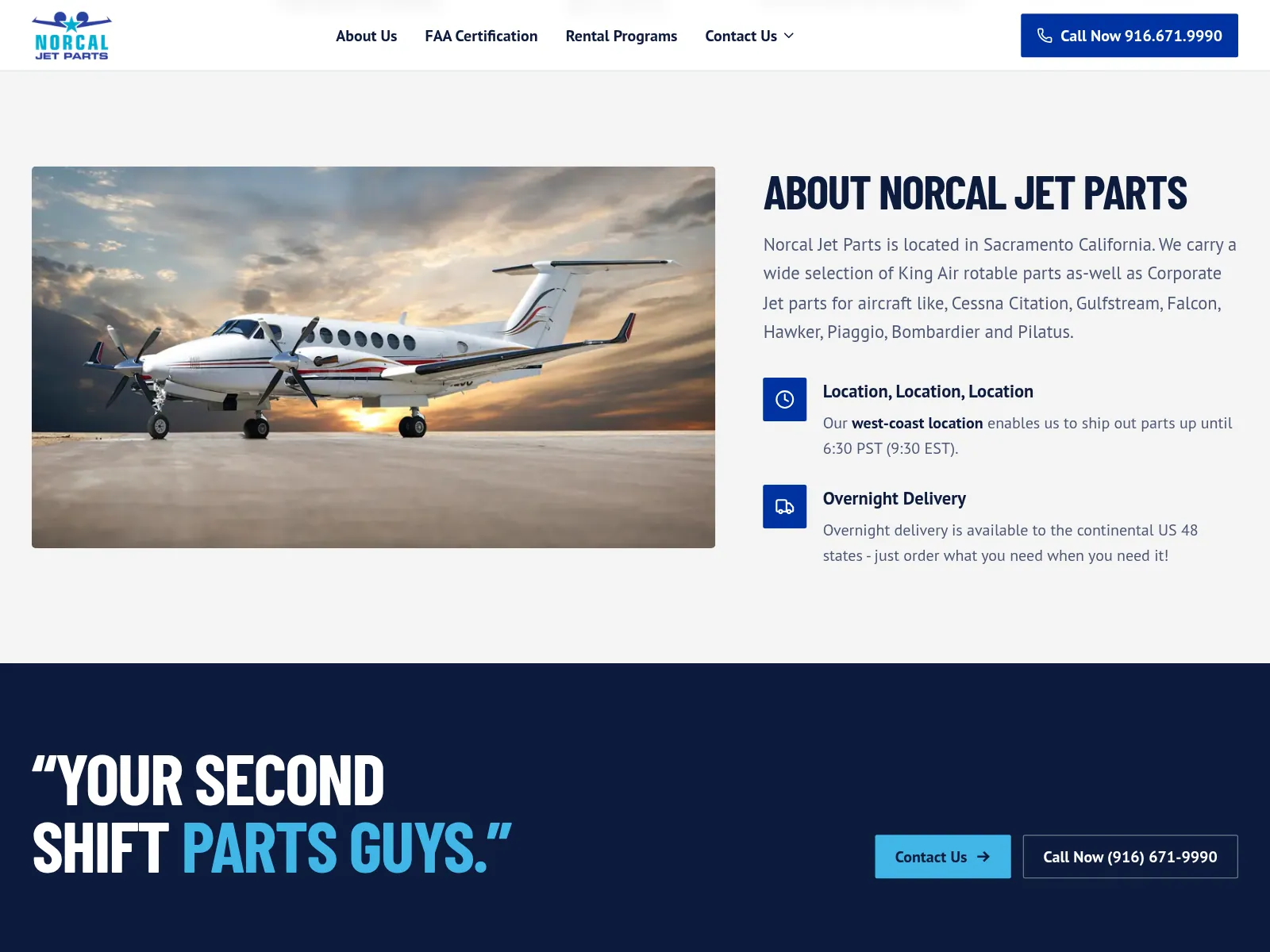The About NorCal Jet Parts section with a King Air on the ramp at sunset, plus shipping and delivery details