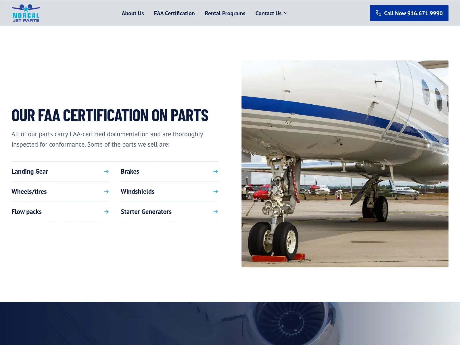 The FAA certification section listing landing gear, brakes, wheels, windshields, flow packs, and starter generators