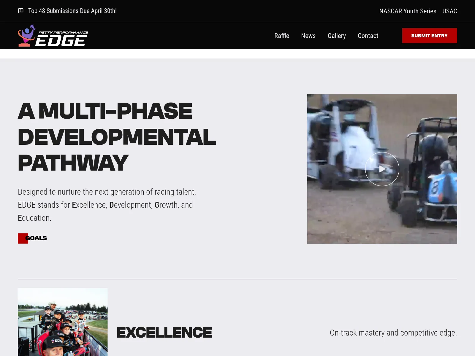The multi-phase developmental pathway section with race video and the Excellence goal