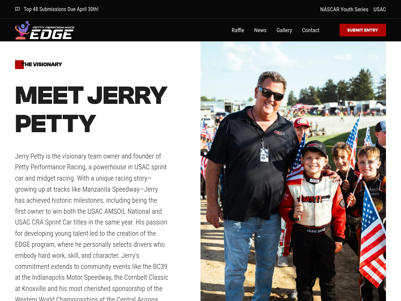 The “Meet Jerry Petty” section beside a photo of Jerry Petty with young drivers holding American flags