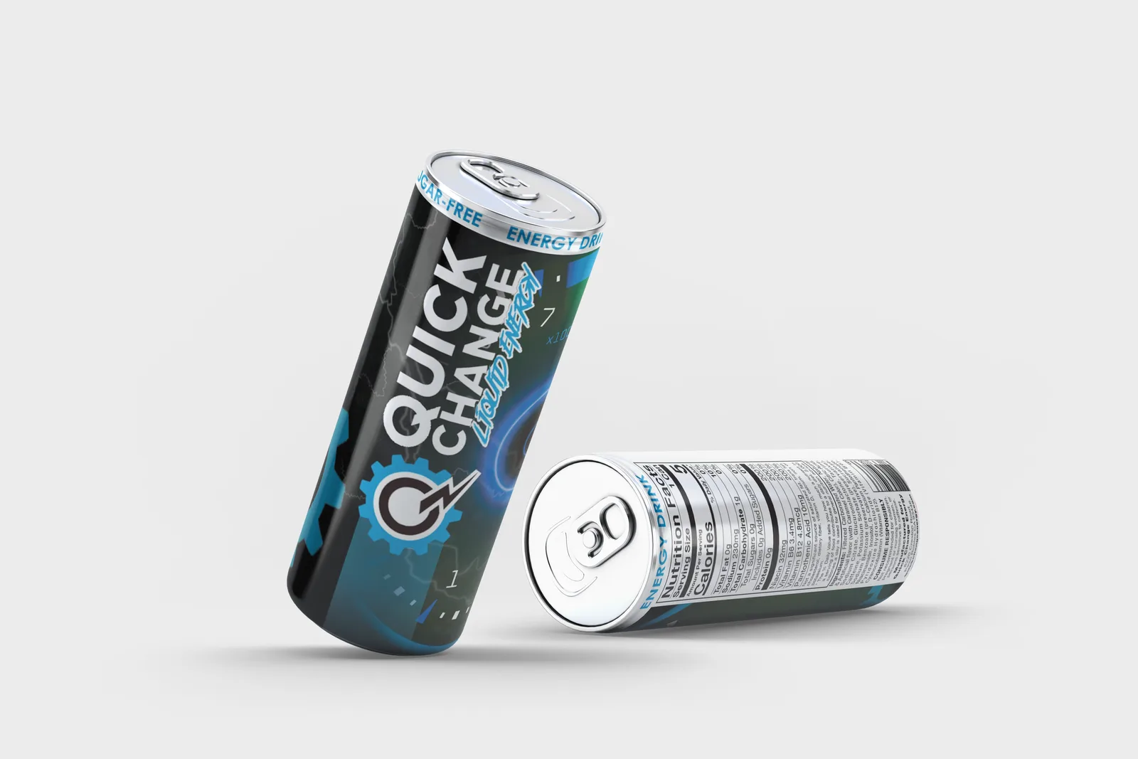 The sugar-free Quick Change Liquid Energy can in the blue label, standing beside a can on its side