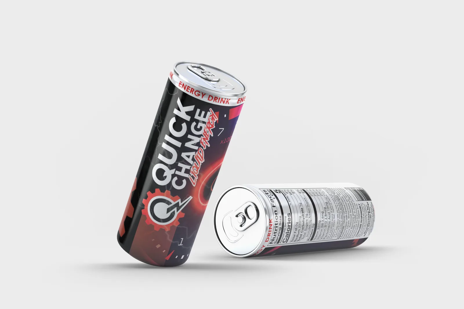 Two Quick Change Liquid Energy cans in the red label, one standing and one lying on its side showing the nutrition panel