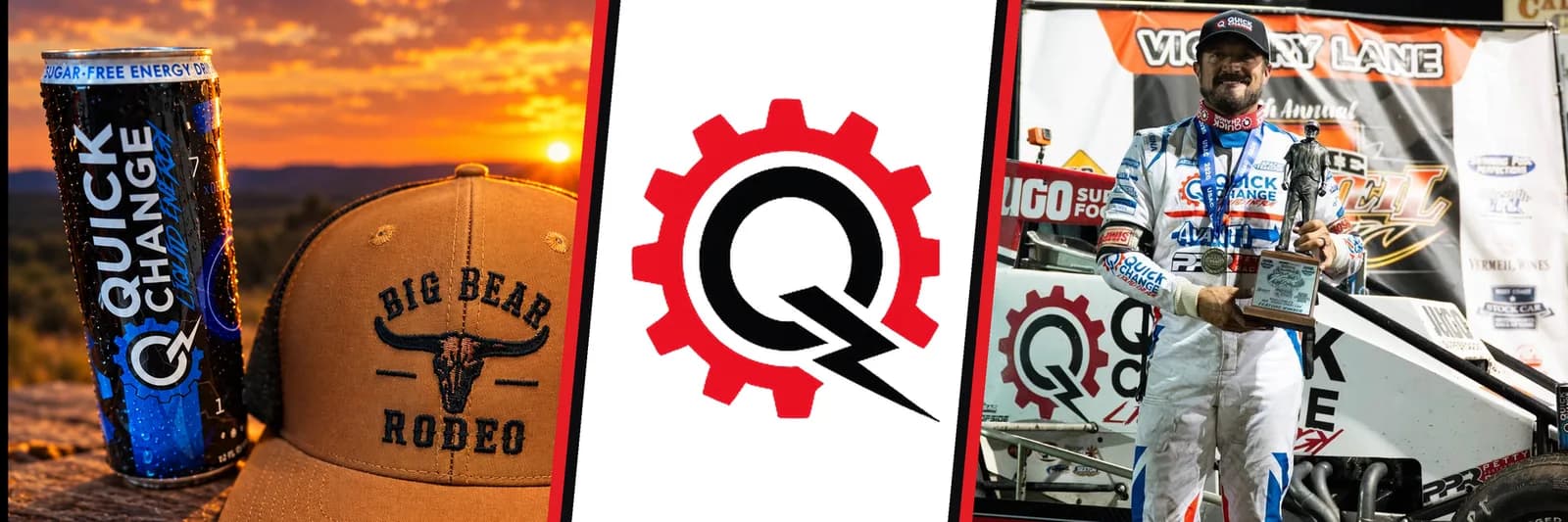 Quick Change website banner: a blue can and branded hat at sunset, the gear and lightning-bolt Q mark, and a sprint car driver in a Quick Change firesuit holding a trophy in victory lane